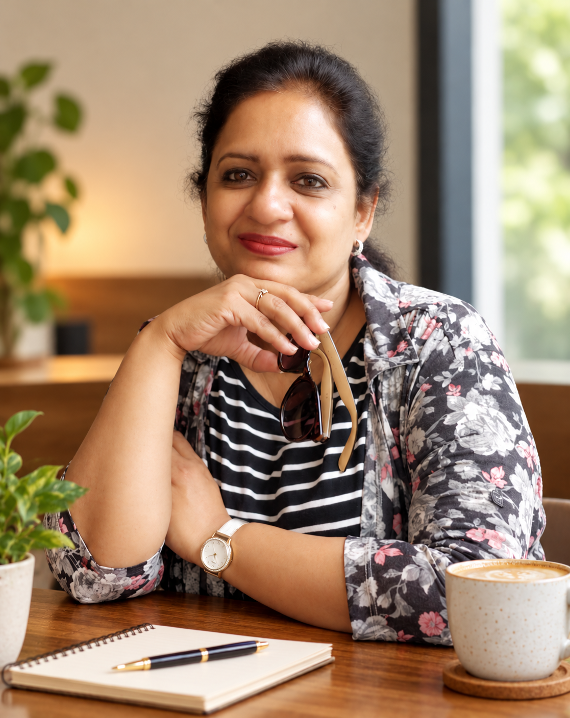 Author Aruna Joshi seated at a table with a cup of tea and a notebook